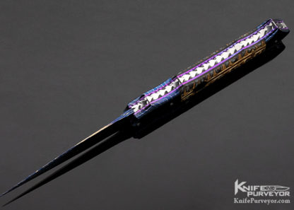Rainy Vallotton Custom Knife Spruce Cone and Blued Damascus D/A Automatic Linerlock - Image 6