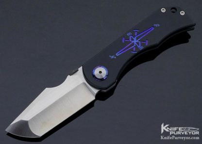 Robert Carter Custom Knife Ctech Black Anodized Titanium Scales with Engraved Compass Frame Lock Folder with Timascus Clip 10972