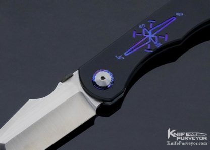 Robert Carter Custom Knife Ctech Black Anodized Titanium Scales with Engraved Compass Frame Lock Folder with Timascus Clip - Image 2