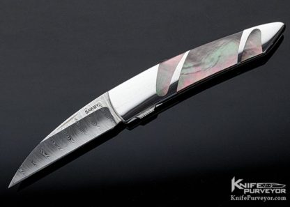Scott Sawby Custom Knife Damasteel & Black Lip Pearl Selflock Skimmer 11049 Open