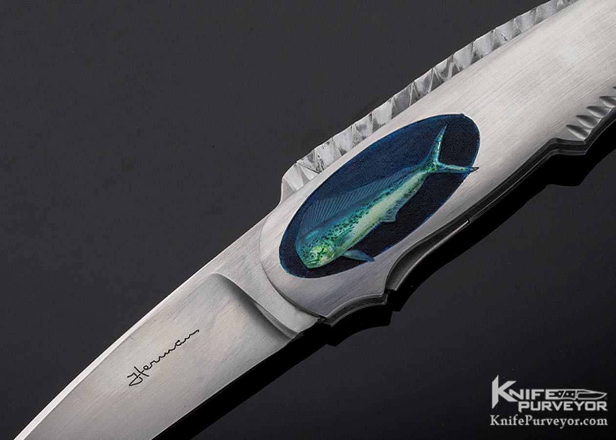 Tim Herman Custom Knife Sole Authorship Color Engraved "Tuna" Lockback Folder - Image 2