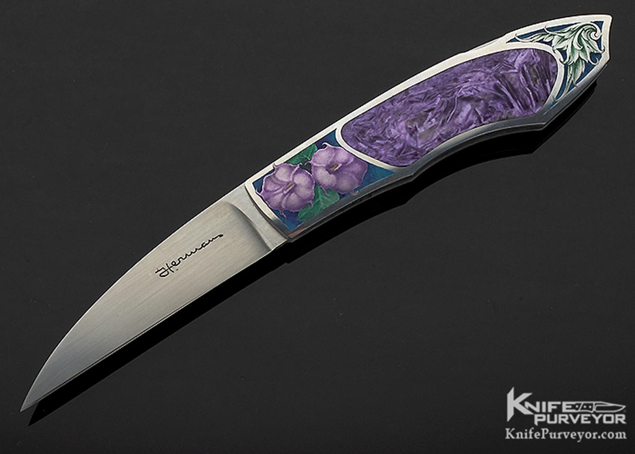 Tim Herman Custom Knife Sole Authorship Color Engraved "Violets" Lockback Folder 11182 Open