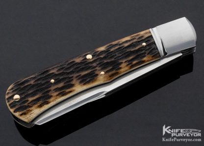 Tom Overyender Custom Knife Remington Jigged Bone 2 Blade Trapper with 14Kt Gold Pins & Shield - Image 6