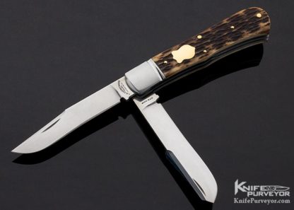 Tom Overyender Custom Knife Remington Jigged Bone 2 Blade Trapper with 14Kt Gold Pins & Shield 10977