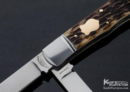 Tom Overyender Custom Knife Remington Jigged Bone 2 Blade Trapper with 14Kt Gold Pins & Shield - Image 2