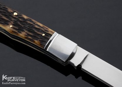 Tom Overyender Custom Knife Remington Jigged Bone 2 Blade Trapper with 14Kt Gold Pins & Shield - Image 5