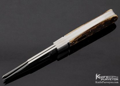 Tom Overyender Custom Knife Remington Jigged Bone 2 Blade Trapper with 14Kt Gold Pins & Shield - Image 7
