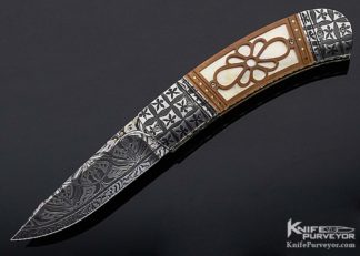 Anders Hedlund Custom Knife "Golden Elegance" Mosiac Damascus and Carved Mammoth with South Sea Gold Lip Pearl Linerlock
