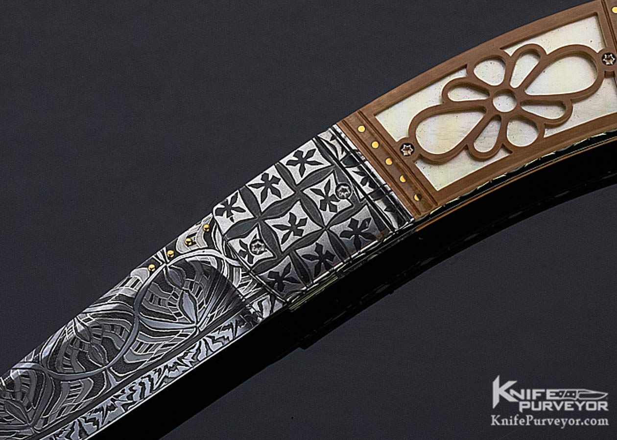 Anders Hedlund Custom Knife "Golden Elegance" Mosiac Damascus & Carved Mammoth with South Sea Gold Lip Pearl Linerlock - Image 2