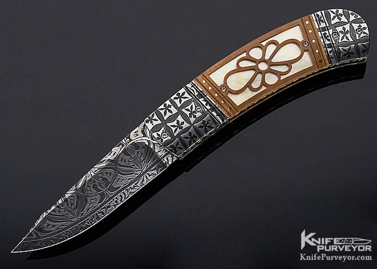 Anders Hedlund Custom Knife "Golden Elegance" Mosiac Damascus & Carved Mammoth with South Sea Gold Lip Pearl Linerlock