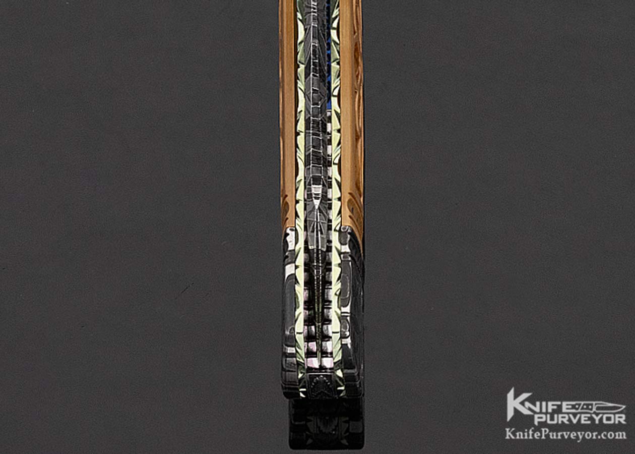 Anders Hedlund Custom Knife "Golden Elegance" Mosiac Damascus & Carved Mammoth with South Sea Gold Lip Pearl Linerlock - Image 8