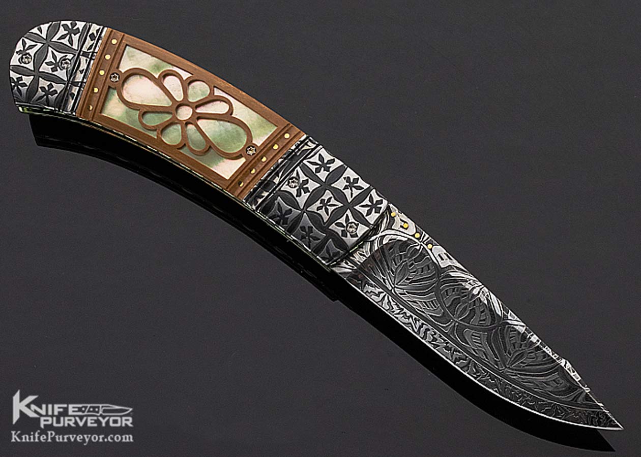 Anders Hedlund Custom Knife "Golden Elegance" Mosiac Damascus & Carved Mammoth with South Sea Gold Lip Pearl Linerlock - Image 4