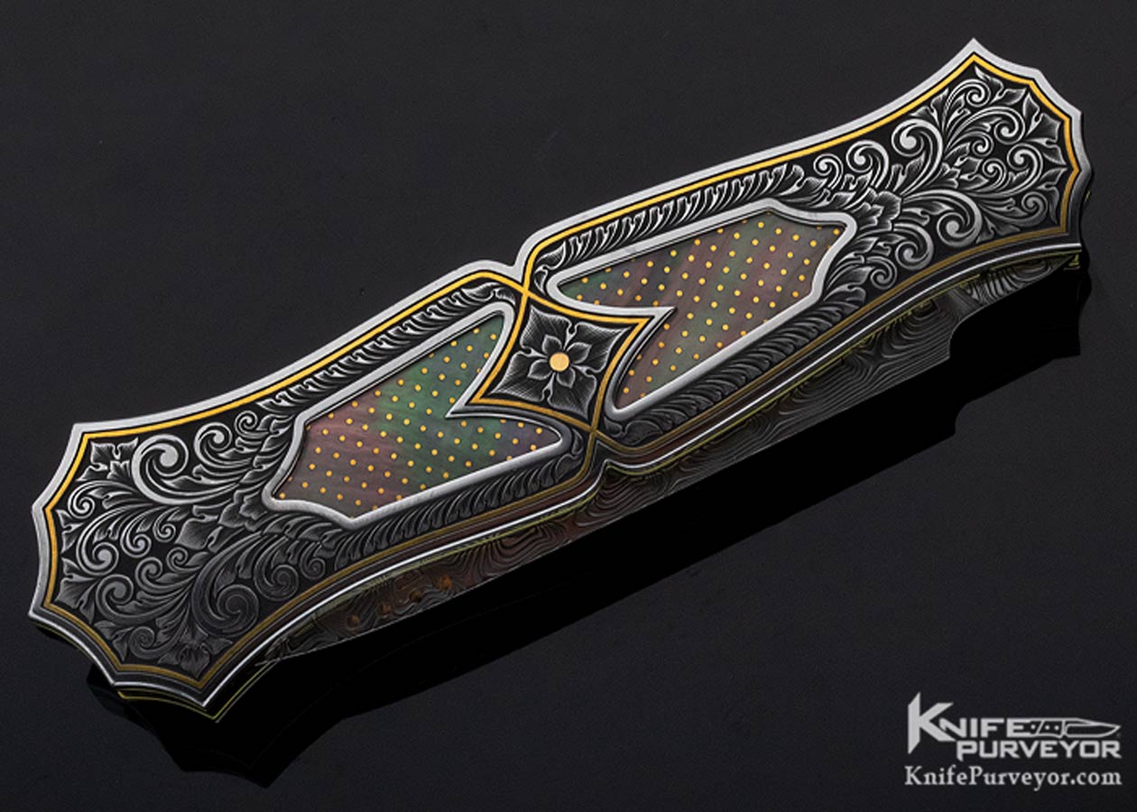 Anders Hedlund Custom Knife Damasteel Engraved Frame with Black Lip Pearl with 24Kt Gold Dots Linerlock Dagger "Princess" - Image 3
