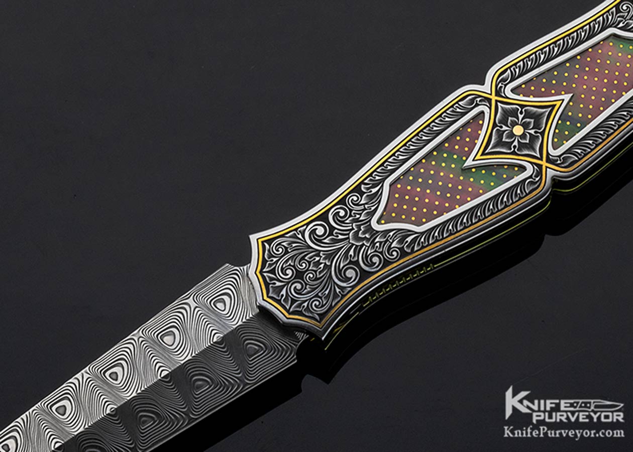 Anders Hedlund Custom Knife Damasteel Engraved Frame with Black Lip Pearl with 24Kt Gold Dots Linerlock Dagger "Princess" - Image 2