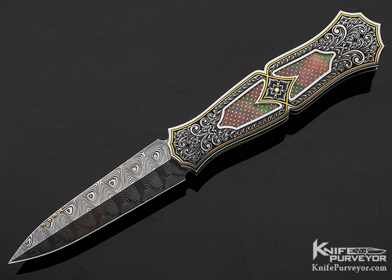 Anders Hedlund Custom Knife Damasteel Engraved Frame with Black Lip Pearl with 24Kt Gold Dots Linerlock Dagger-13153