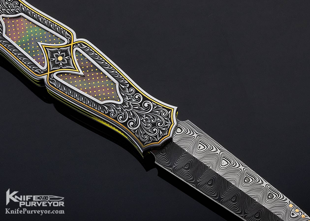 Anders Hedlund Custom Knife Damasteel Engraved Frame with Black Lip Pearl with 24Kt Gold Dots Linerlock Dagger "Princess" - Image 5