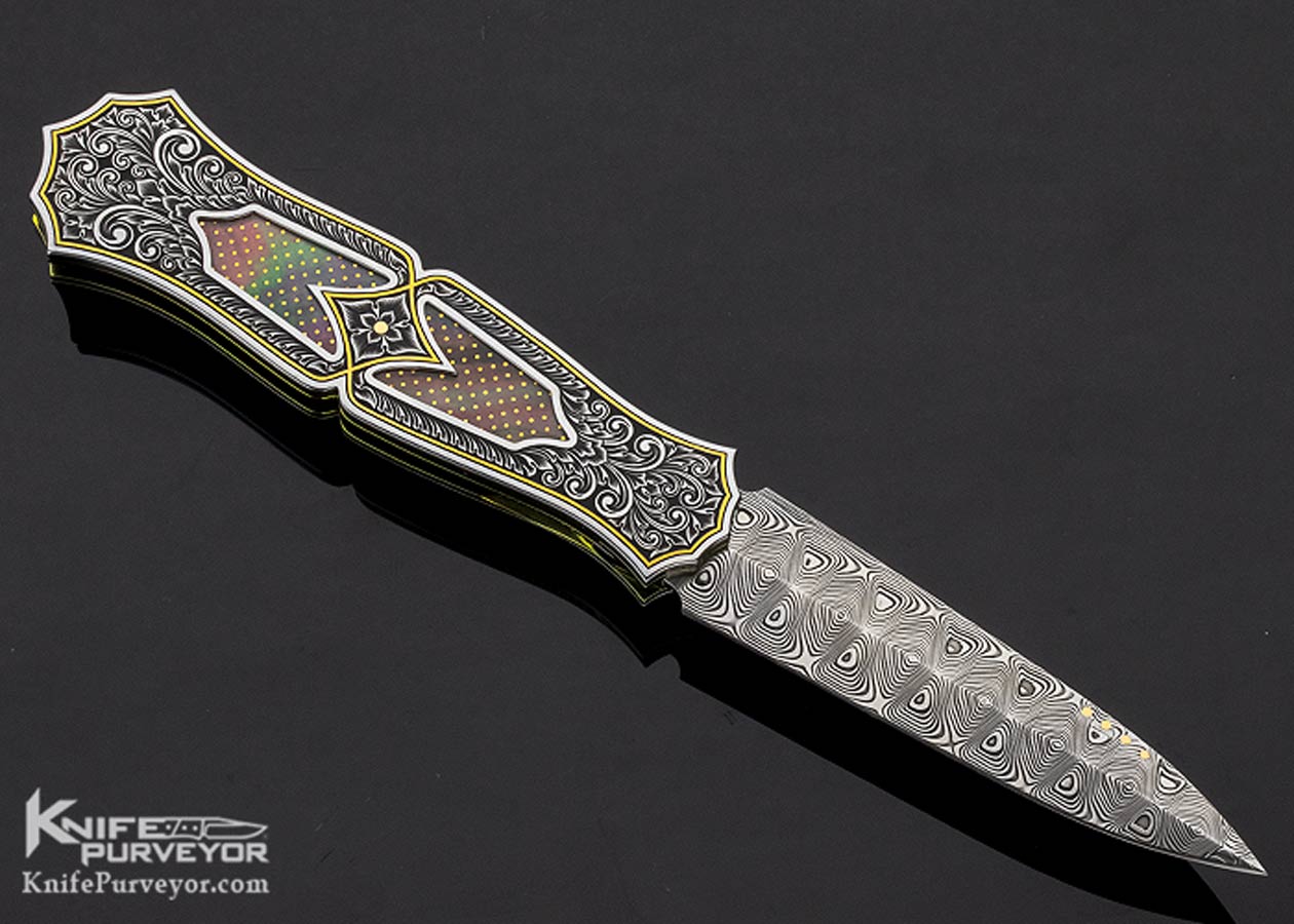 Anders Hedlund Custom Knife Damasteel Engraved Frame with Black Lip Pearl with 24Kt Gold Dots Linerlock Dagger "Princess" - Image 4