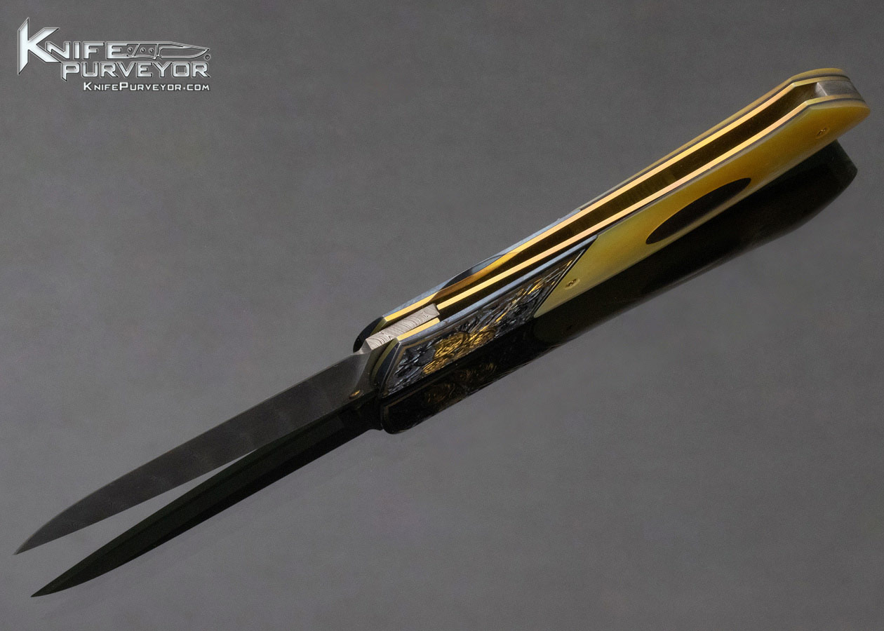 Bill Ankrom Custom Knife Gil Rudolph Engraved South Sea Gold Lip Pearl and Damascus Linerlock - Image 7