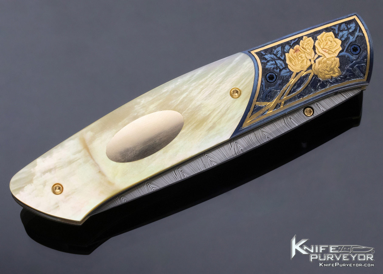 Bill Ankrom Custom Knife Gil Rudolph Engraved South Sea Gold Lip Pearl and Damascus Linerlock - Image 5