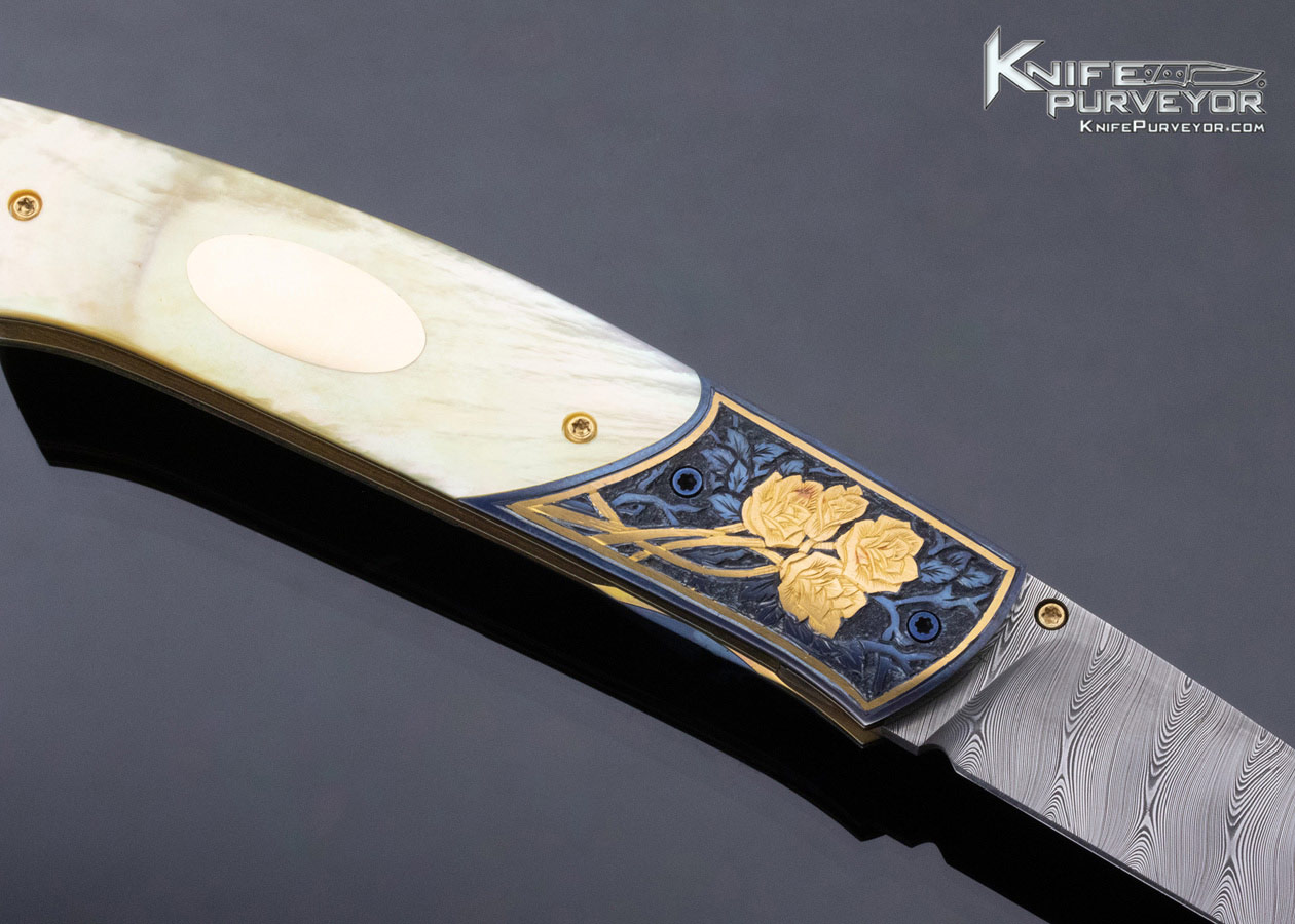 Bill Ankrom Custom Knife Gil Rudolph Engraved South Sea Gold Lip Pearl and Damascus Linerlock - Image 4