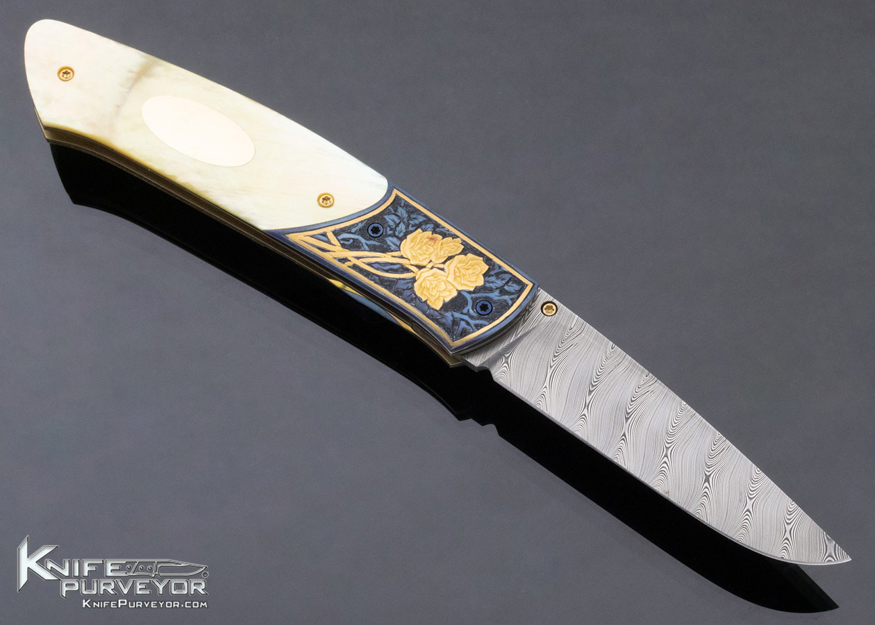 Bill Ankrom Custom Knife Gil Rudolph Engraved South Sea Gold Lip Pearl and Damascus Linerlock - Image 3