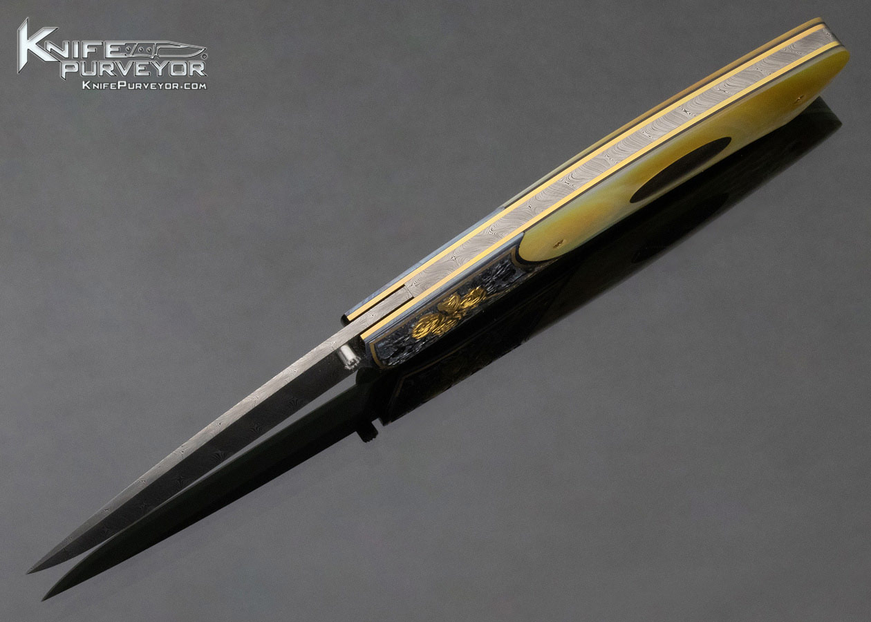 Bill Ankrom Custom Knife Gil Rudolph Engraved South Sea Gold Lip Pearl and Damascus Linerlock - Image 6