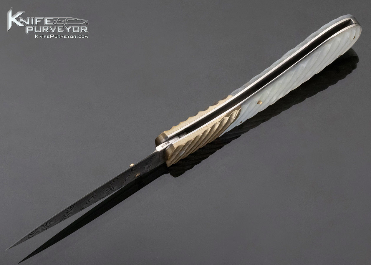 Joe Kious Custom Knife Damascus Mokume and Fluted Mother of Pearl Lockback - Image 7