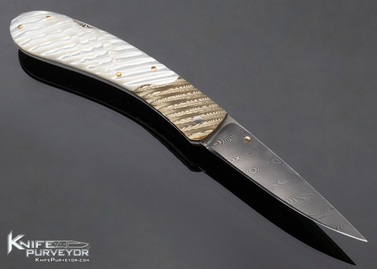 Joe Kious Custom Knife Damascus Mokume and Fluted Mother of Pearl Lockback - Image 3