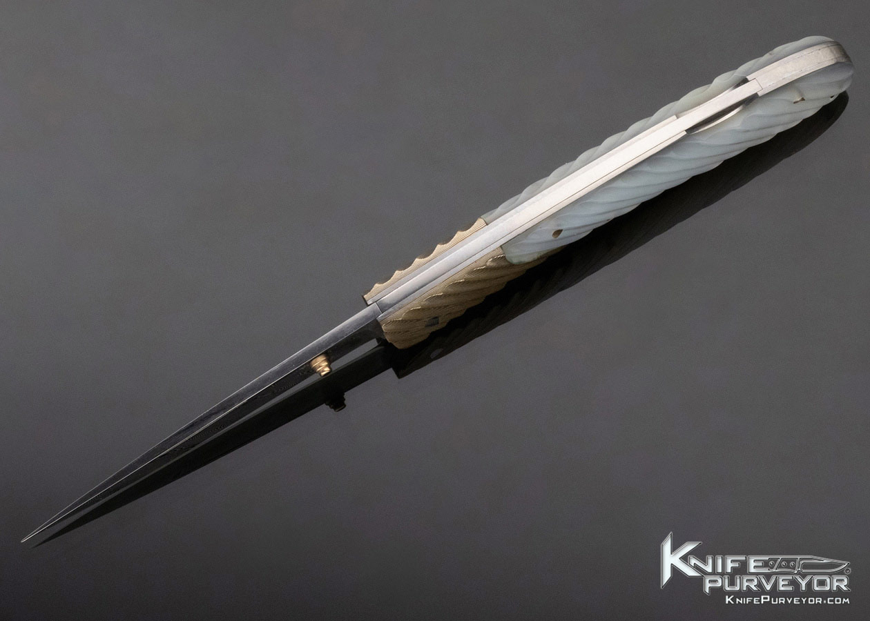 Joe Kious Custom Knife Damascus Mokume and Fluted Mother of Pearl Lockback - Image 6