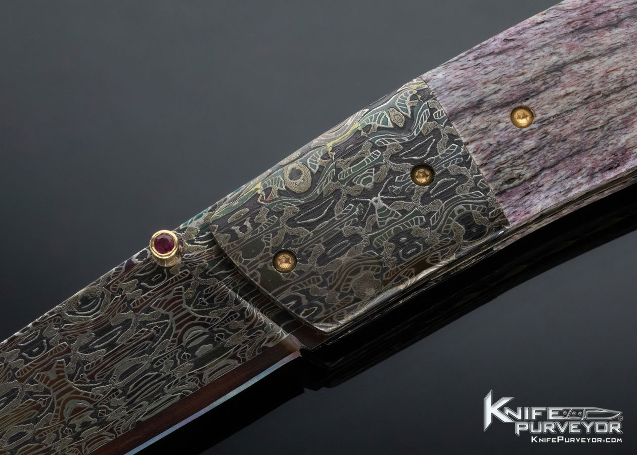 Johan Gustafsson Custom Knife Sole Authorship High Contrast and Color Accordion Cut Mosaic Damascus & Fossilized Whale Rib Bone Linerlock - Image 2