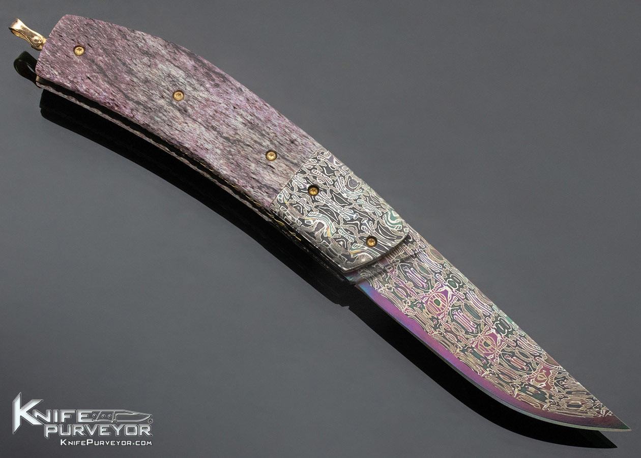 Johan Gustafsson Custom Knife Sole Authorship High Contrast and Color Accordion Cut Mosaic Damascus & Fossilized Whale Rib Bone Linerlock - Image 4