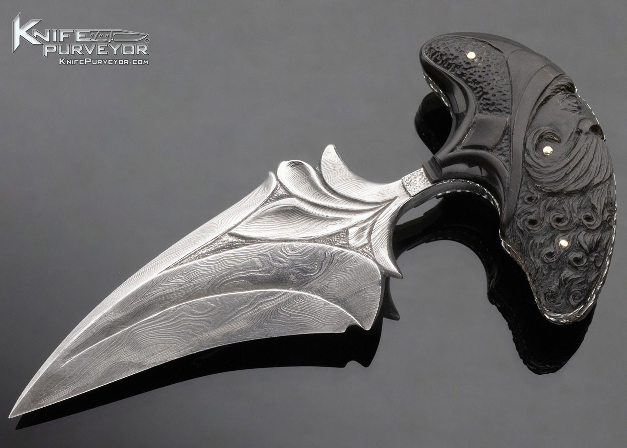 Larry Fuegen Custom Knife Carved Buffalo Horn & Damascus Push
