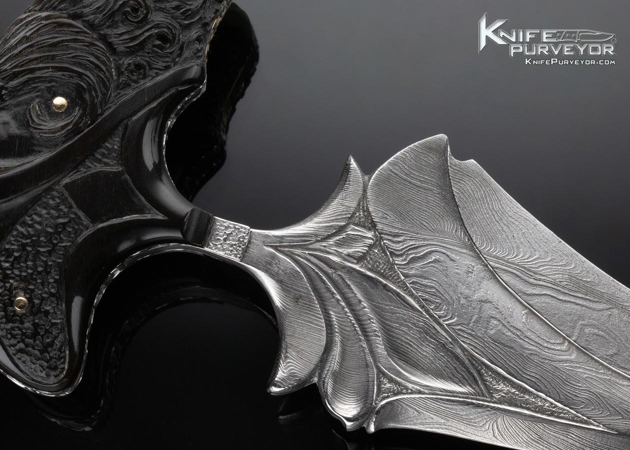 Larry Fuegen Custom Knife Carved Buffalo Horn & Damascus Push