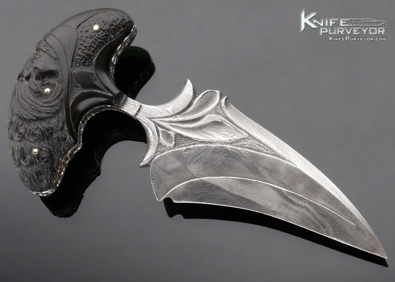 Larry Fuegen Custom Knife Carved Buffalo Horn & Damascus Push