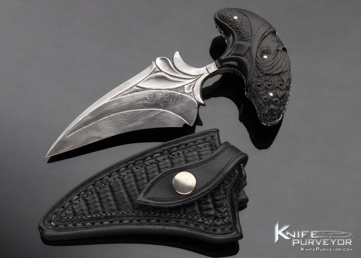 Larry Fuegen Custom Knife Carved Buffalo Horn & Damascus Push