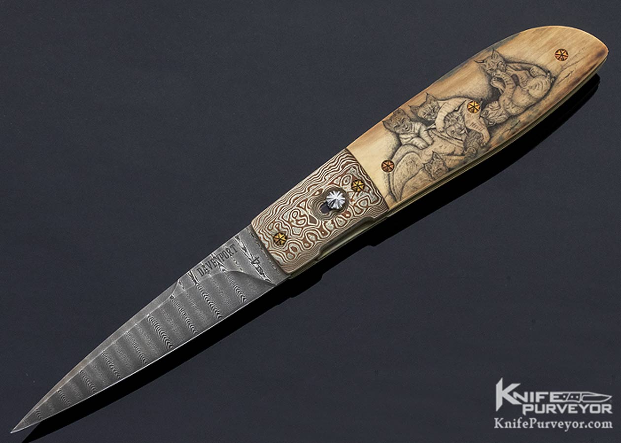 Jack Davenport Custom Knife Damascus Mokume and Scrimshawed Automatic Linerlock 11243