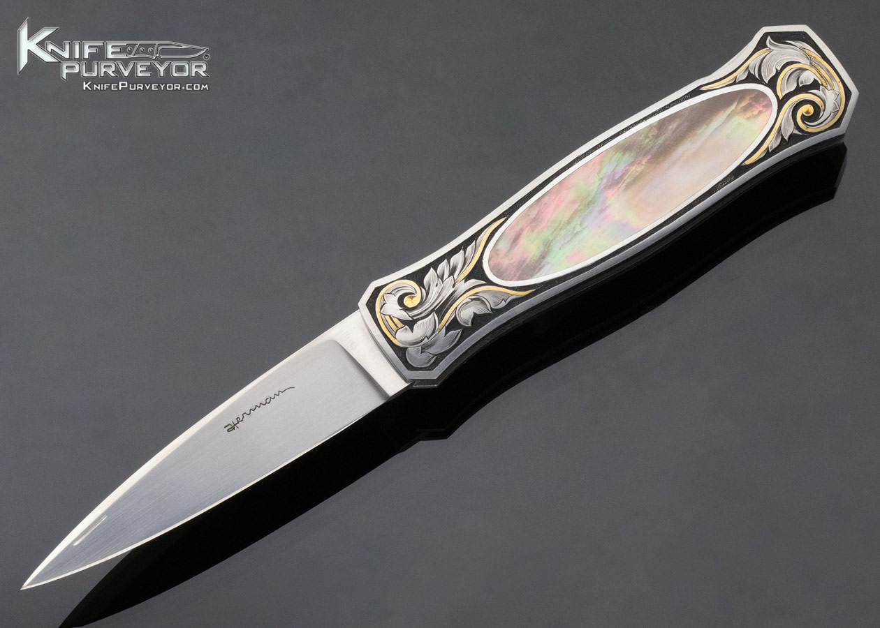 Tim Herman Custom Knife Timmerman? Engraved Blacklip Tahitian Pearl Shell Lockback 11880