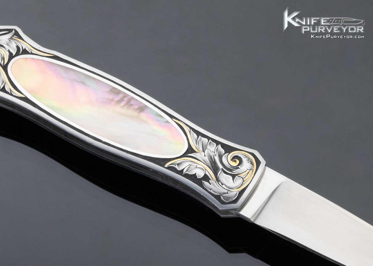 Tim Herman Custom Knife Sole Authorship Engraved Blacklip Tahitian Pearl Shell Interframe Lockback - Image 4