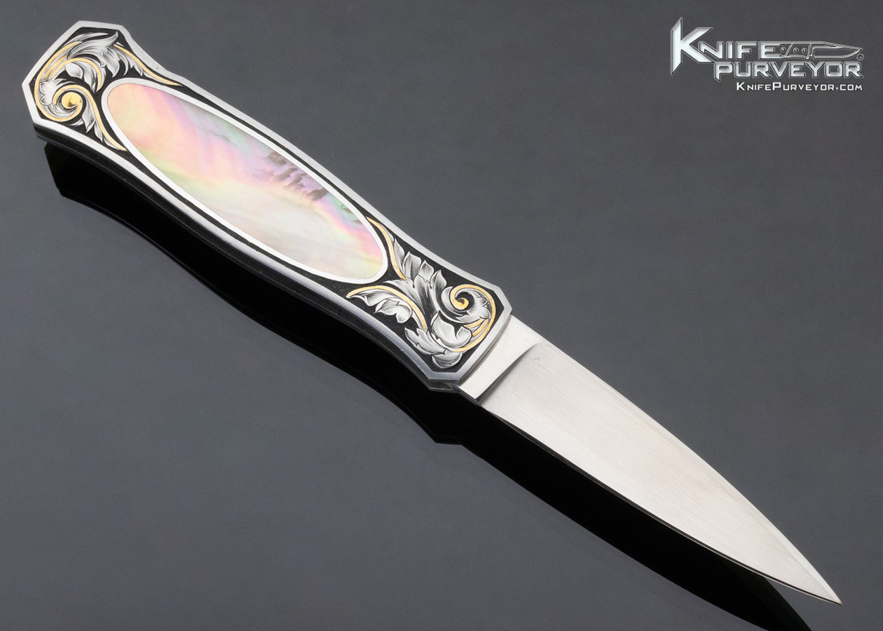 Tim Herman Custom Knife Sole Authorship Engraved Blacklip Tahitian Pearl Shell Interframe Lockback - Image 3
