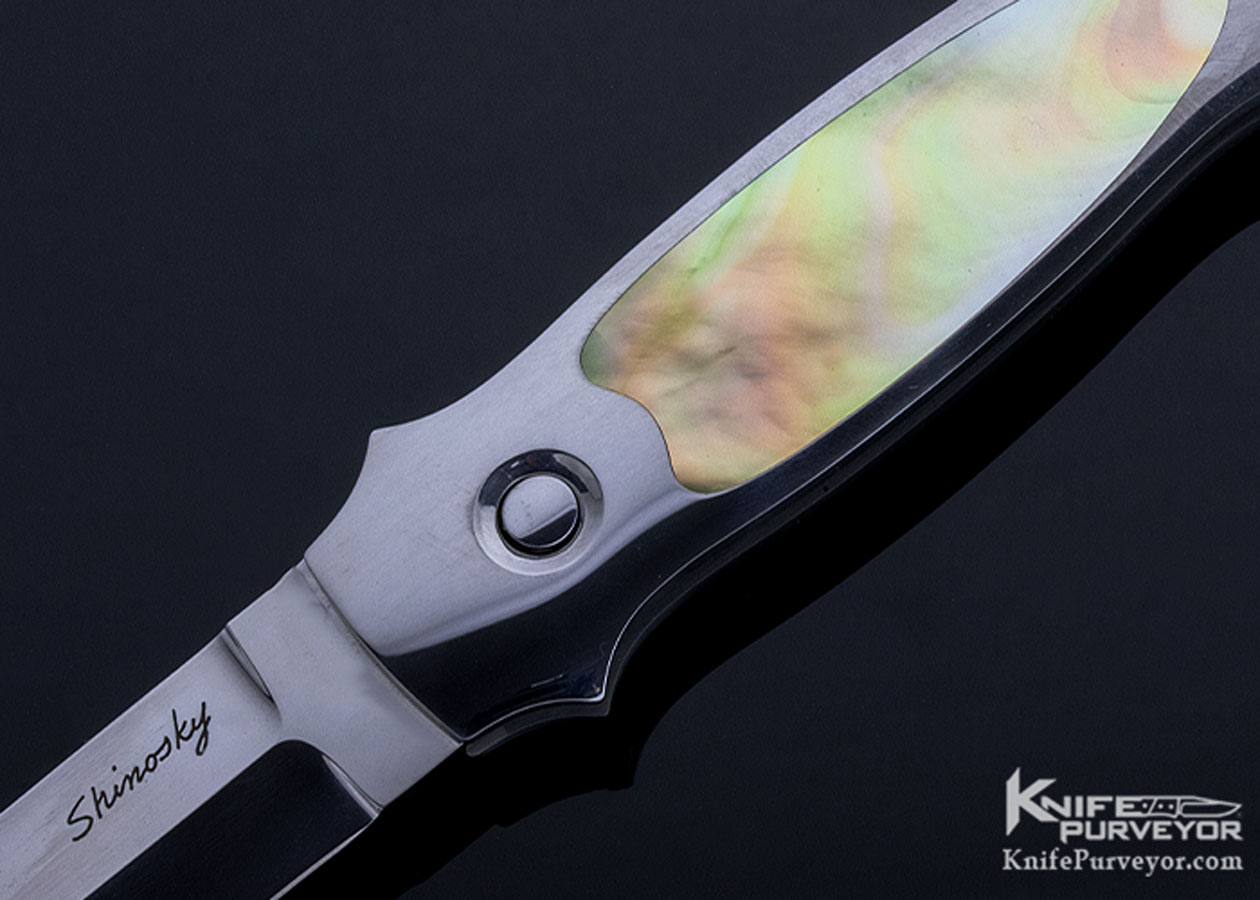 Andy Shinosky Custom Knife South Sea Gold Lip Pearl Interframe Button Lock Automatic - Image 2