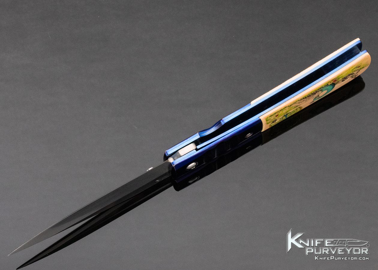 Charlie Morris Custom Knife Anodized Titanium & Color Scrimshawed Mammoth by Sandra Brady - Image 7