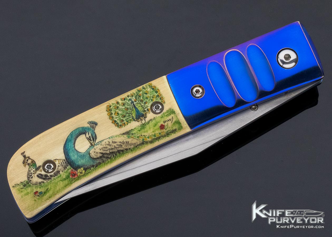 Charlie Morris Custom Knife Anodized Titanium & Color Scrimshawed Mammoth by Sandra Brady - Image 3