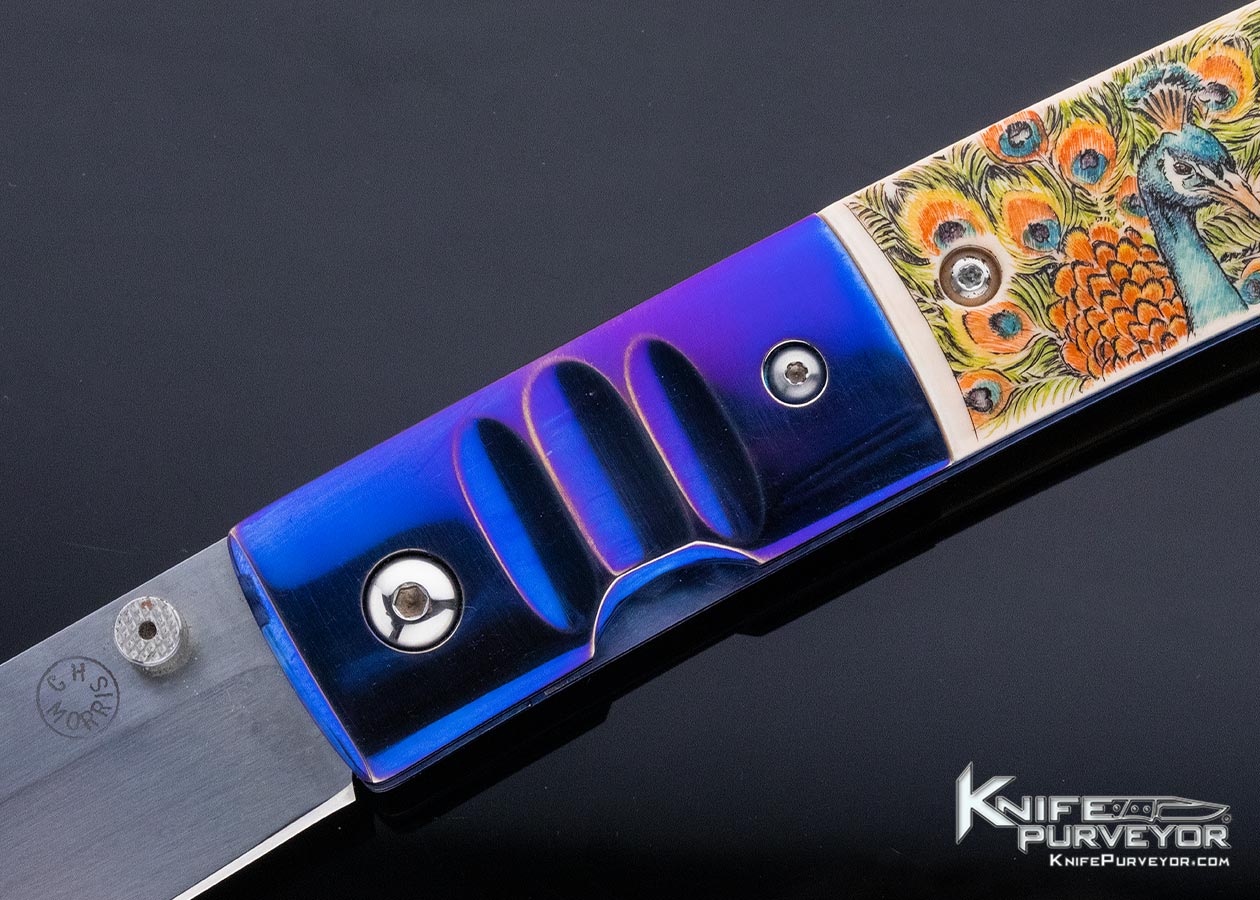 Charlie Morris Custom Knife Anodized Titanium & Color Scrimshawed Mammoth by Sandra Brady - Image 2