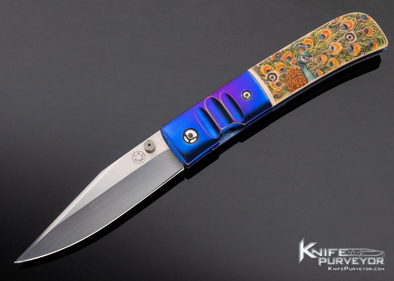 Charlie Morris Custom Knife Anodized Titanium & Color Scrimshawed Mammoth by Sandra Brady 11416