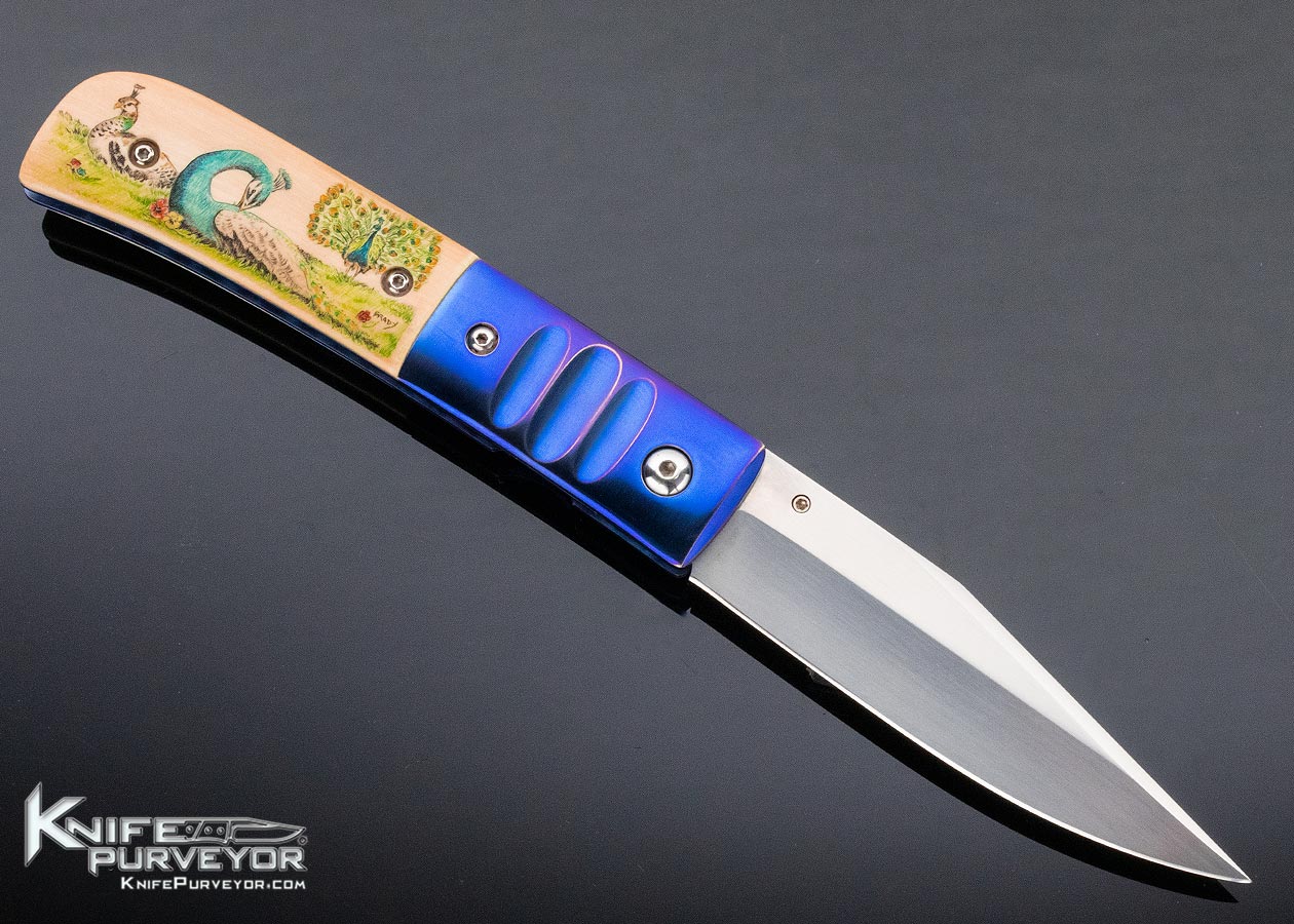 Charlie Morris Custom Knife Anodized Titanium & Color Scrimshawed Mammoth by Sandra Brady - Image 4