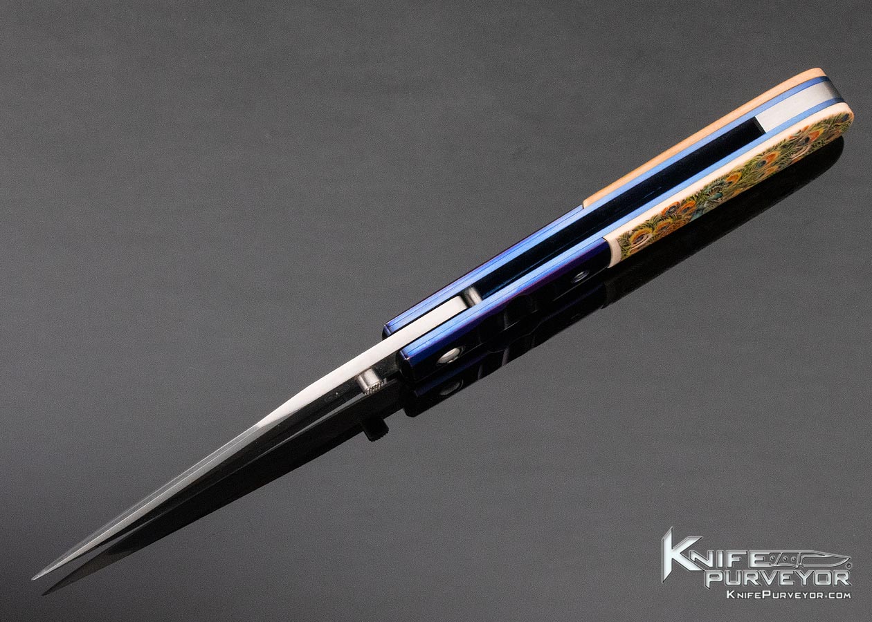 Charlie Morris Custom Knife Anodized Titanium & Color Scrimshawed Mammoth by Sandra Brady - Image 6