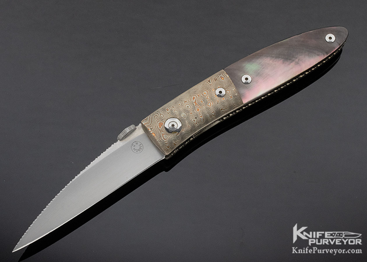 Charlie Morris Custom Knife Mokume & Black Lip Tahitian Pearl Shell Left Handed Linerlock 11324