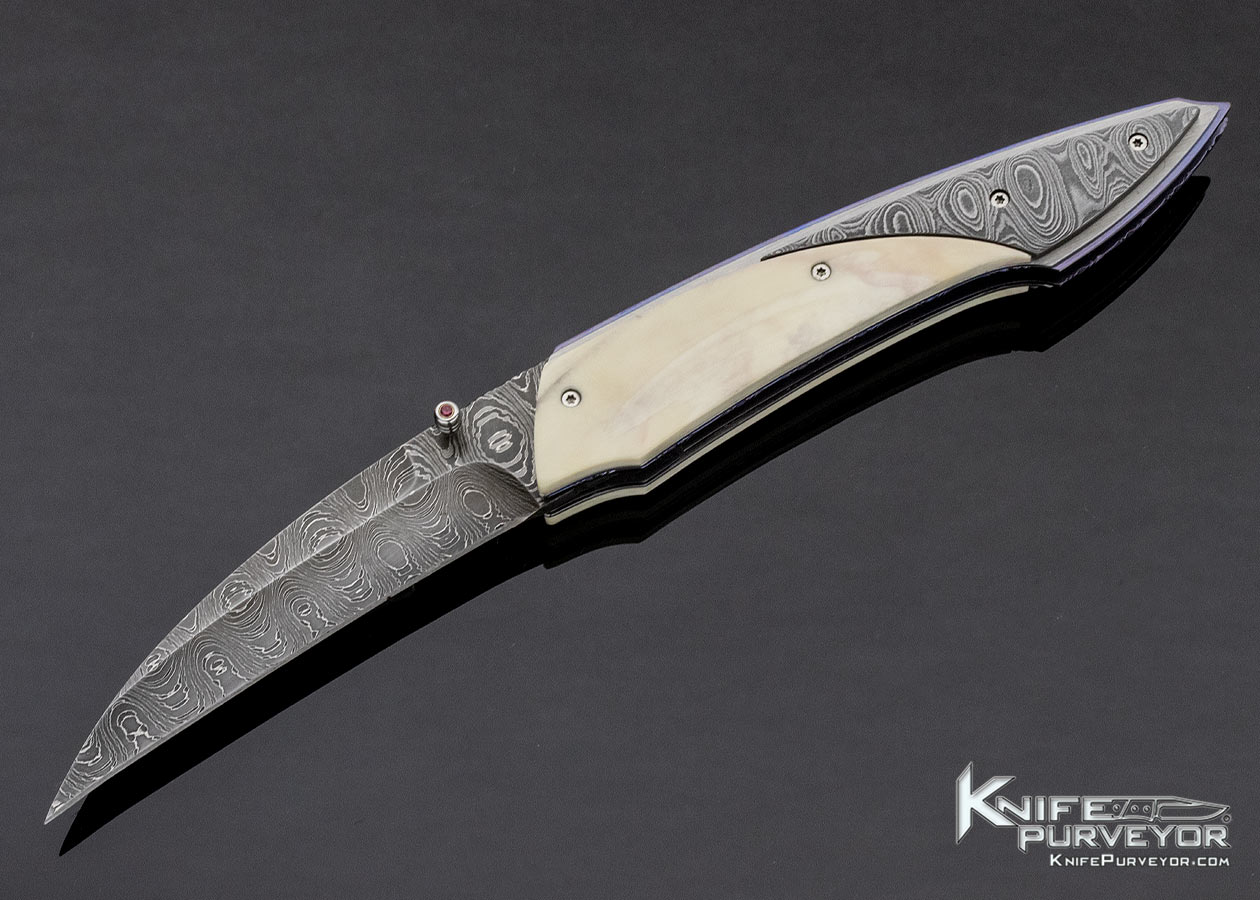 Corrie Schoeman Custom Knife Fossilized Walrus & Damascus Linerlock 11396