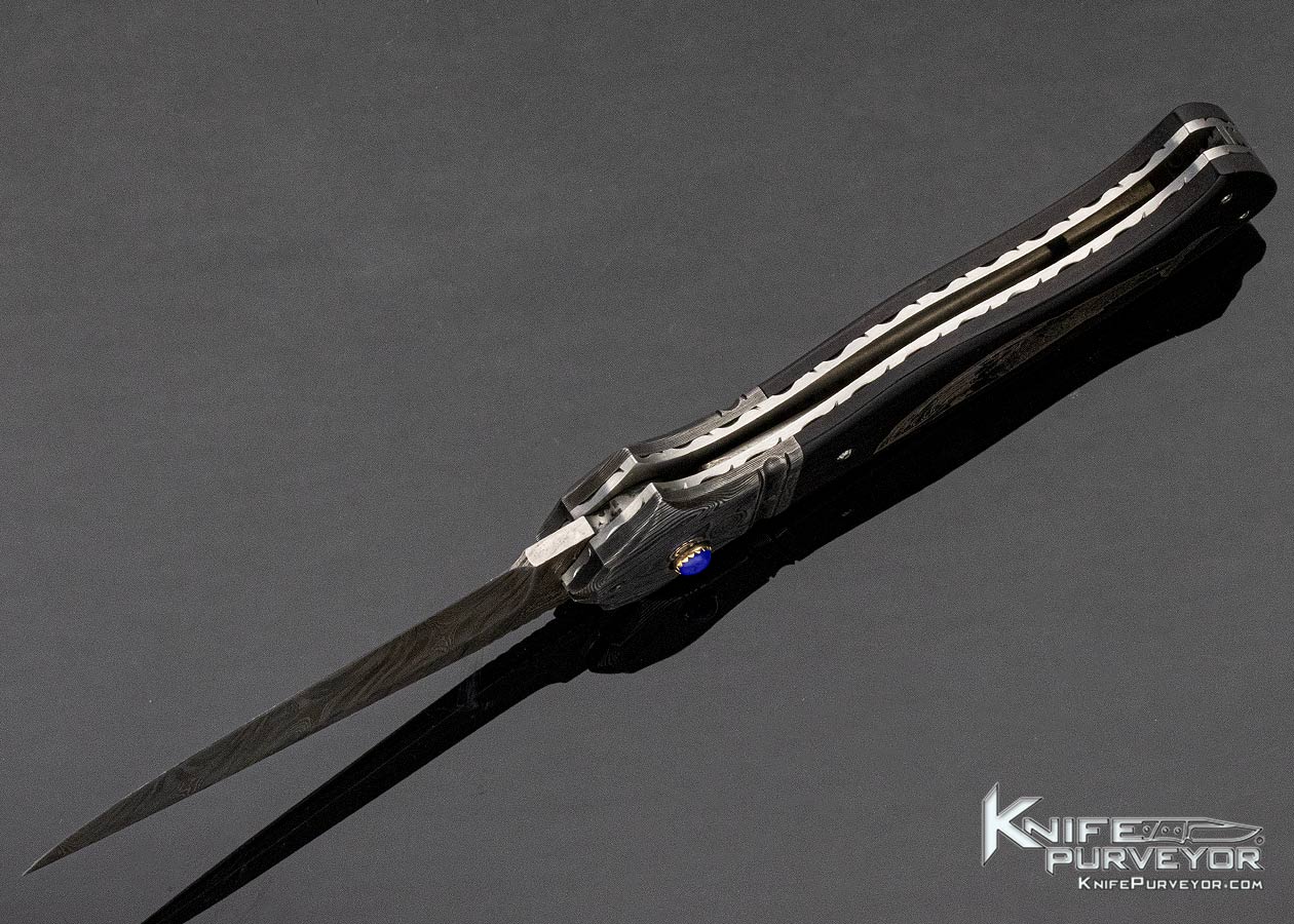 Jim Turecek Custom Knife Damascus & African Black Wood With "Silver Blue Whale" Button Release Automatic - Image 7