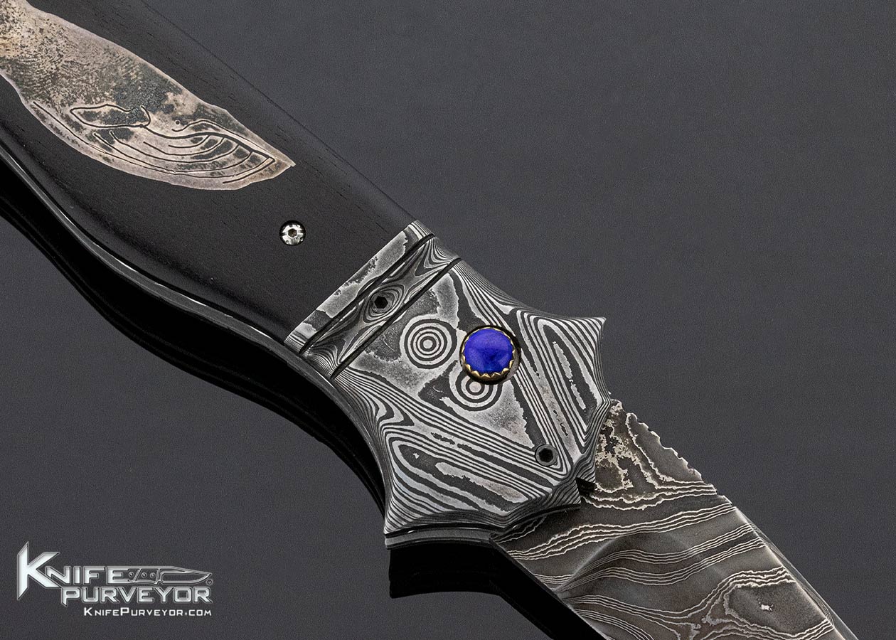 Jim Turecek Custom Knife Damascus & African Black Wood With "Silver Blue Whale" Button Release Automatic - Image 5
